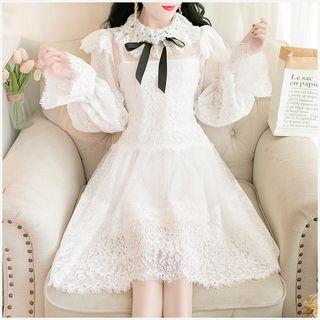 Balloon-sleeve Bow Midi A-line Lace Dress