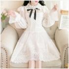 Balloon-sleeve Bow Midi A-line Lace Dress