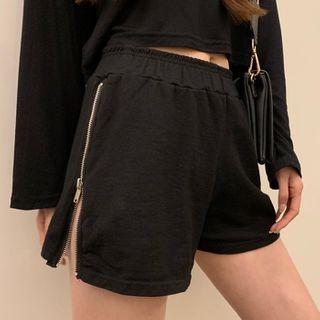 Zip-side Band-waist Wide-leg Shorts