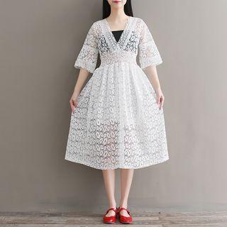 Set: Lace Elbow Sleeve Midi Dress + Bandeau Top