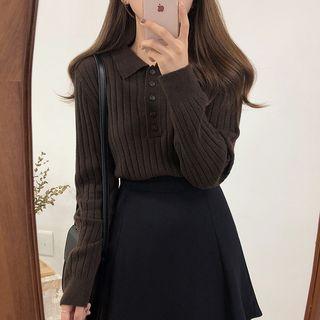 Long-sleeve Knit Polo Shirt Coffee - One Size