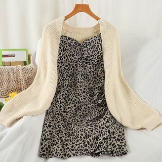Set: Spaghetti-strap Leopard Print Mini A-line Dress + Cardigan
