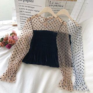 Puff-sleeve Dotted Mesh Panel Blouse