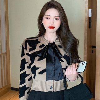 Bow Round-neck Cropped Cardigan Coffee - One Size