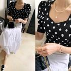 Sweetheart-neck Polka-dot Knit Top Black - One Size