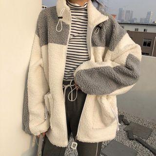 Faux Shearling Two-tone Zip Jacket As Shown In Figure - One Size