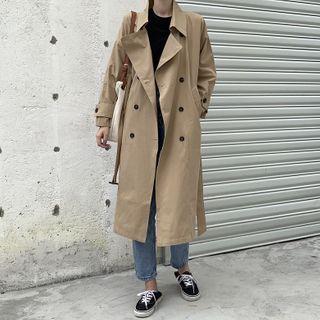 Long-sleeve Double-breasted Plain Coat