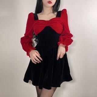 Puff-sleeve Color Block Bow Panel Velvet Dress