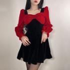 Puff-sleeve Color Block Bow Panel Velvet Dress