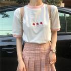 Embroidered Strawberry Short-sleeve T-shirt / Plaid Pleated Skirt