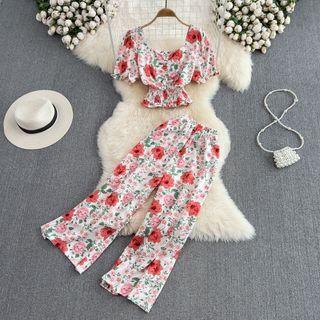 Set: Short Sleeve Floral Crop Blouse + Wide Leg Pants