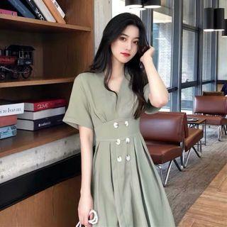 Short-sleeve Double Breasted Plain Midi Dress
