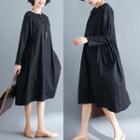 Plain Long-sleeve Shift Dress Black - One Size