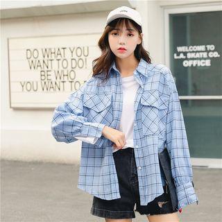 Long-sleeve Plaid Loose-fit Pocket Shirt Blue - One Size