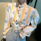 Striped Floral Long-sleeve Blouse Stripes - Light Orange & White - One Size