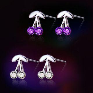 925 Sterling Silver Rhinestone Cherry Stud Earring