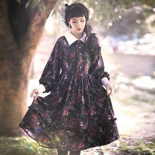 Contrast Collar Printed Long-sleeve Midi A-line Dress