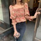 Short-sleeve Square-neck Floral Ruched Top