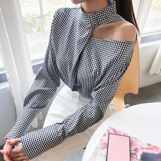 Choker-neck Gingham Blouse Black - One Size