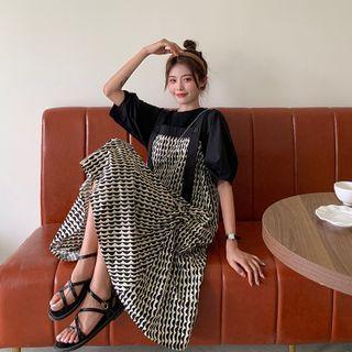 Balloon-sleeve Top / Patterned Midi A-line Overall Dress