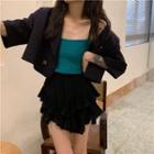 Plain Cropped Knit Camisole/ Short-sleeve Plain Jacket / Asymmetrical Mini Skirt
