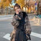 Double-breasted Plaid Panel Hooded Fleece-lined Coat