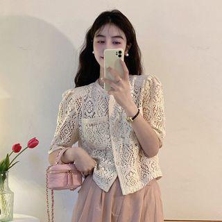 Short-sleeve Lace Light Jacket / Wide Leg Cropped Pants