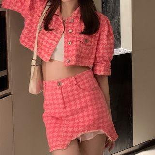 Short-sleeve Houndstooth Cropped Cardigan / High-waist Houndstooth Skirt