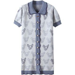 Short-sleeve Jacquard Knit Dress Grayish Blue - One Size