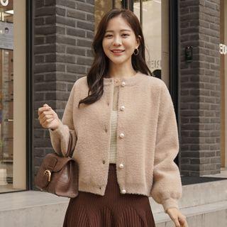 Faux-pearl Button Fuzzy Cardigan