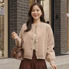 Faux-pearl Button Fuzzy Cardigan