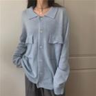 Long-sleeve Plain Knit Cardigan Blue - One Size