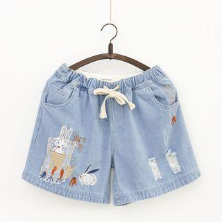 Bunny Embroidered Ripped Denim Shorts