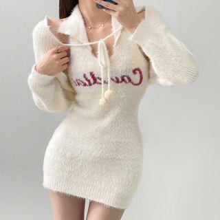 Set: Halter-neck Lettering Knit Dress + Cardigan