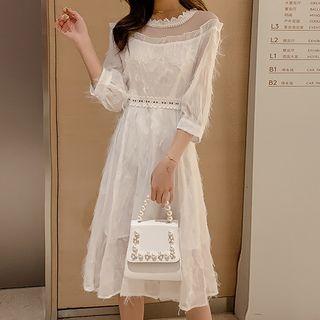 3/4-sleeve Feather Midi A-line Dress