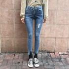 High-waist Cut-out Hem Skinny Jeans
