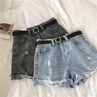 Asymmetric Distressed Roll-up Denim Shorts