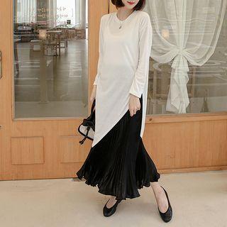 Round-neck Asymmetric-hem Long T-shirt