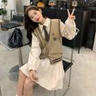 Long-sleeve Pleated Shirt Dress / Button-up Sweater Vest / Necktie /set