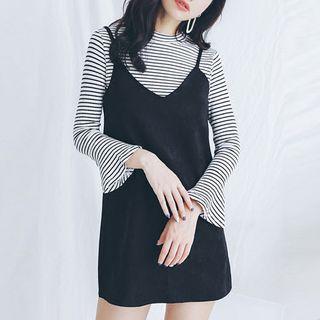 Set: Striped Long-sleeve T-shirt + V-neck Spaghetti Strap Dress