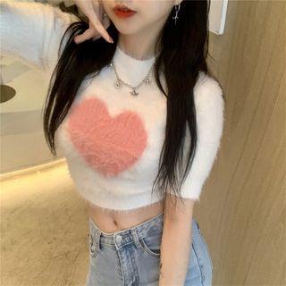 Short-sleeve Heart Print Knit Crop Top White - One Size