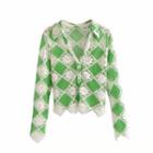 Argyle Print Polo-neck Pointelle Knit Top