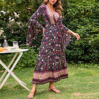 Flared-sleeve Floral Midi Wrap Dress