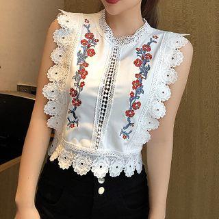Flower Print Eyelet Lace Sleeveless Blouse