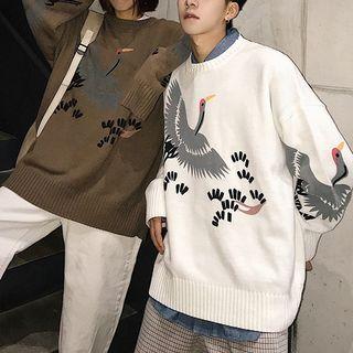 Couple Matching Crane Print Sweater