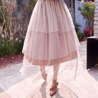 Knit Tulle Mock Two-piece Long Dress
