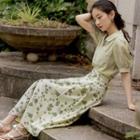 Set: Short-sleeve Pocket Detail Shirt + Floral Midi A-line Skirt