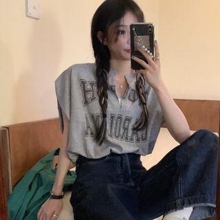 Cap-sleeve Open Neck Lettering T-shirt