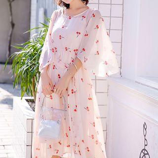 Set: Bell-sleeve Cherry Print Midi Chiffon Dress + Spaghetti Strap Dress