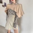 Leopard Print Shirt / Front-zip Mini A-line Skirt / Knit Shawl